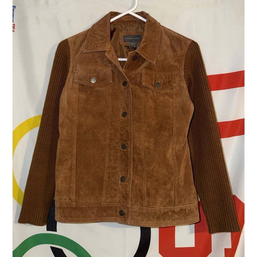 Vintage Relativity Suede Leather Jacket Womens Small Brown Button Up 90s Y2K